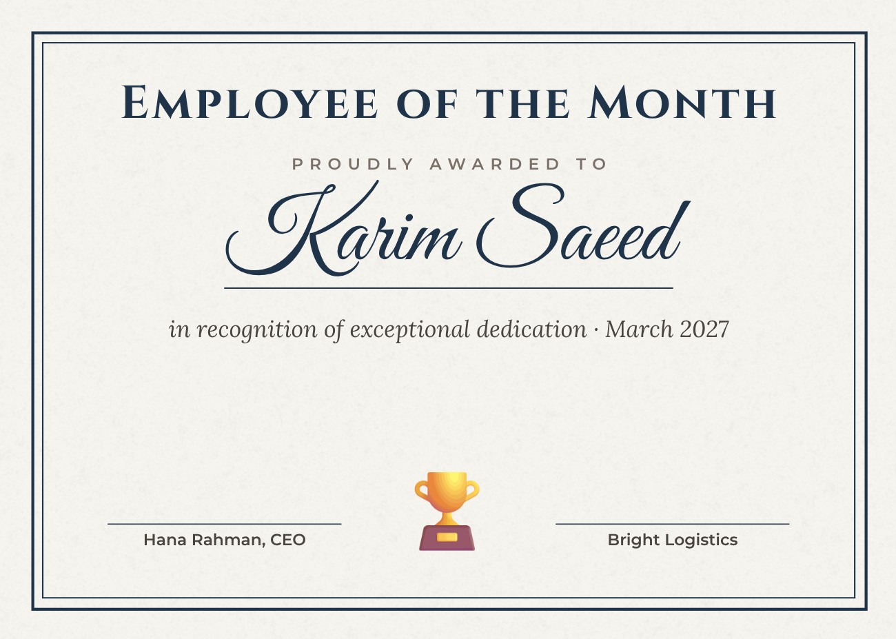 Navy Frame Employee Award Certificate — editable certificates template