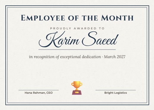 Navy Frame Employee Award Certificate — free certificate template