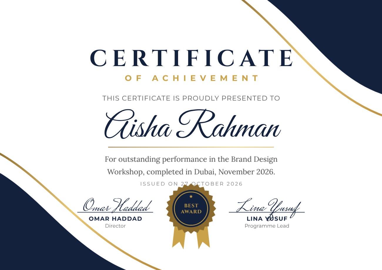 Navy Gold Wave Certificate of Achievement — editable certificates template