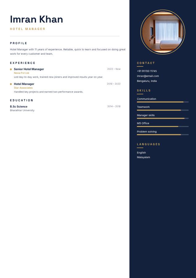 Navy Imran Khan Hotel Manager Resume — editable resume template