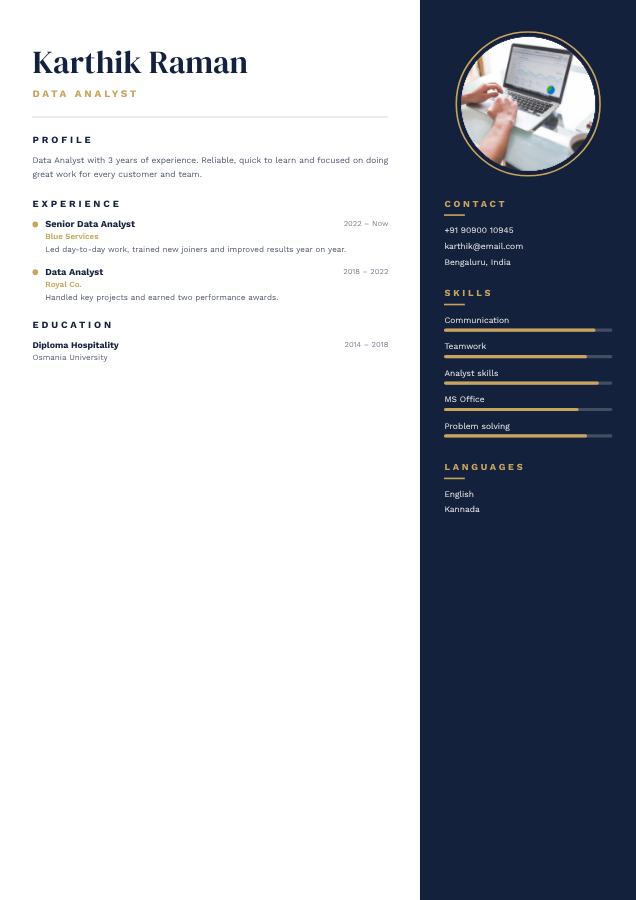 Navy Karthik Raman Data Analyst Resume — editable resume template
