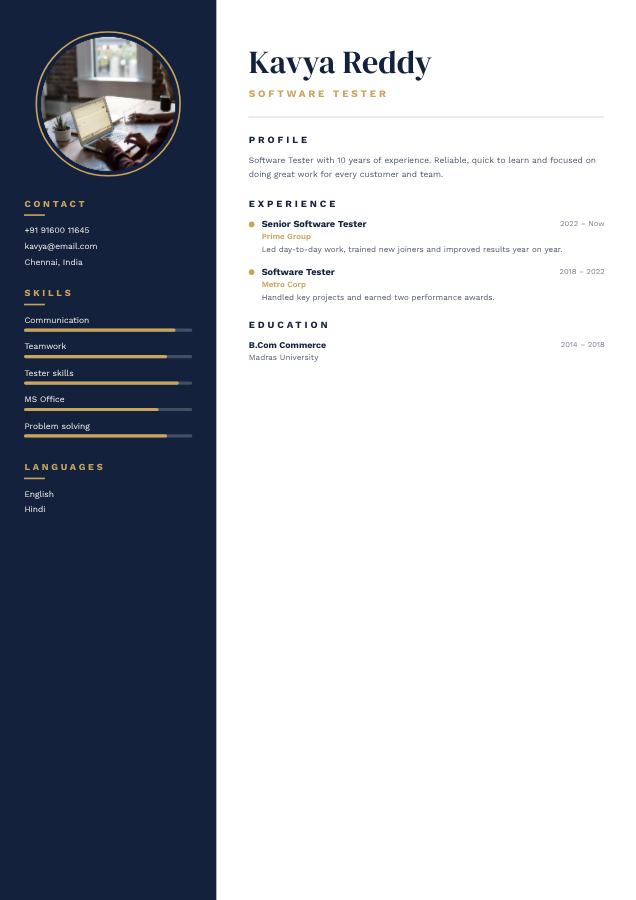 Navy Kavya Reddy Software Tester Resume — editable resume template