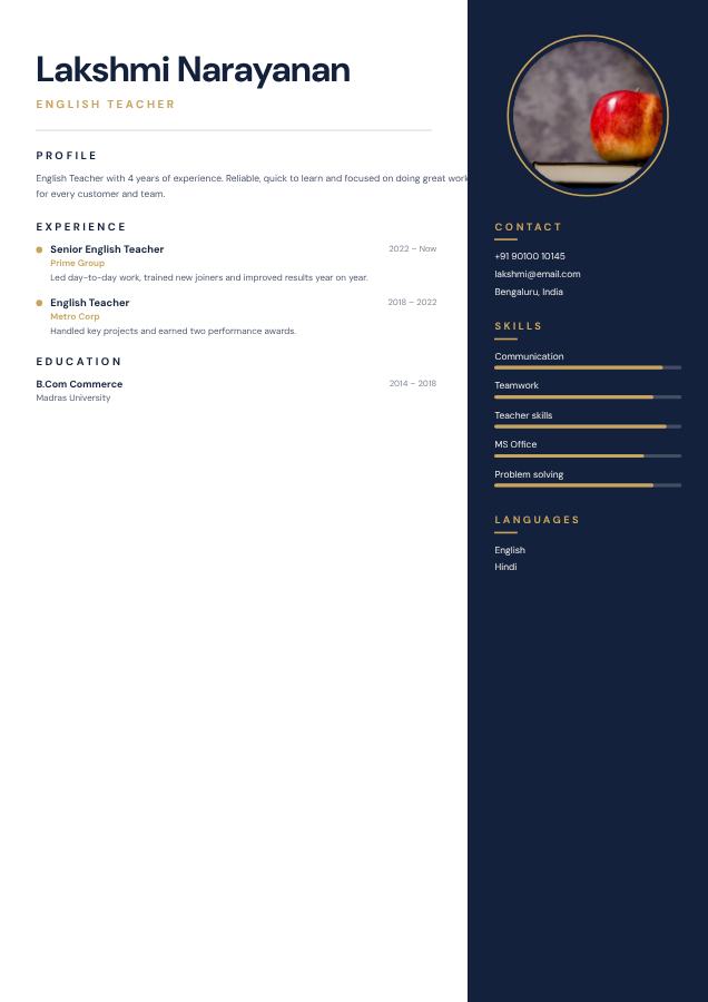 Navy Lakshmi Narayanan English Teacher Resume — editable resume template