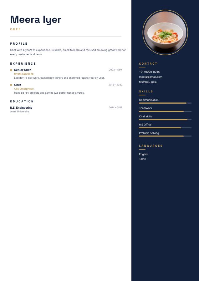 Navy Meera Iyer Chef Resume — editable resume template