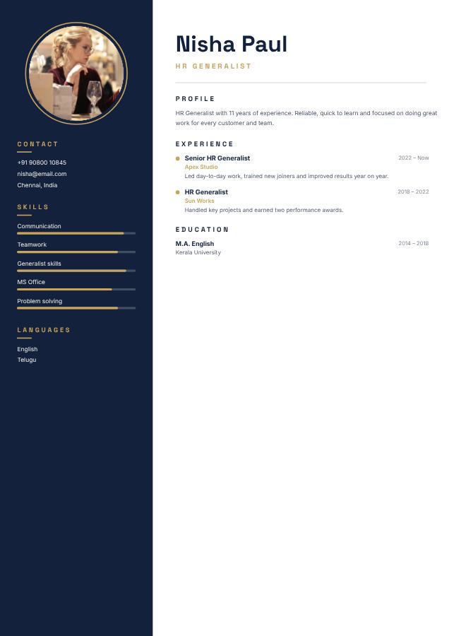 Navy Nisha Paul HR Generalist Resume — editable resume template