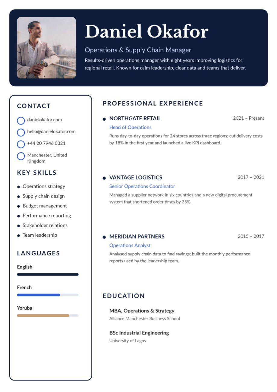 Navy Professional Photo Resume — editable resume template
