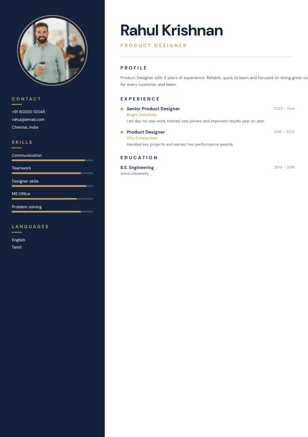 Navy Rahul Krishnan Product Designer Resume — editable resume template