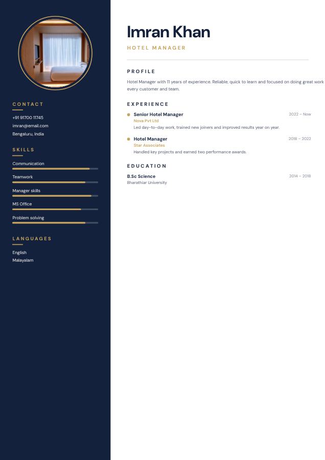 Navy Resume Imran Khan Hotel Manager Resume — editable resume template