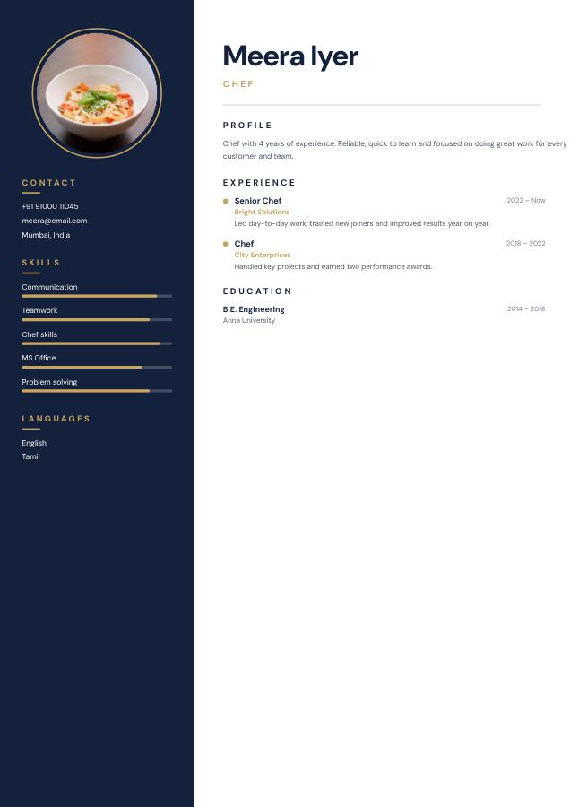 Navy Resume Meera Iyer Chef Resume — editable resume template
