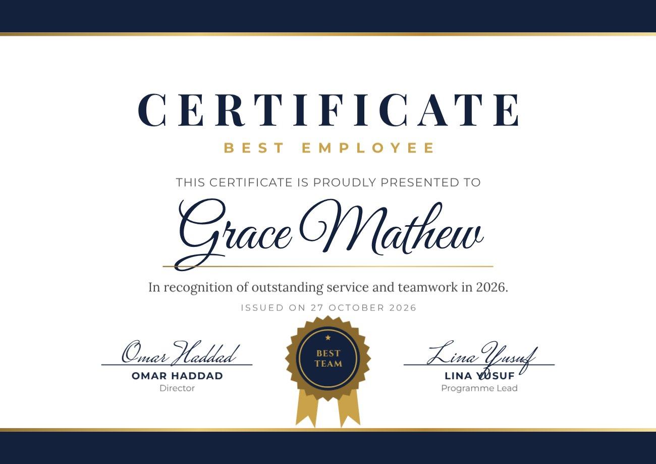 Navy Ribbon Best Employee Certificate — editable certificates template