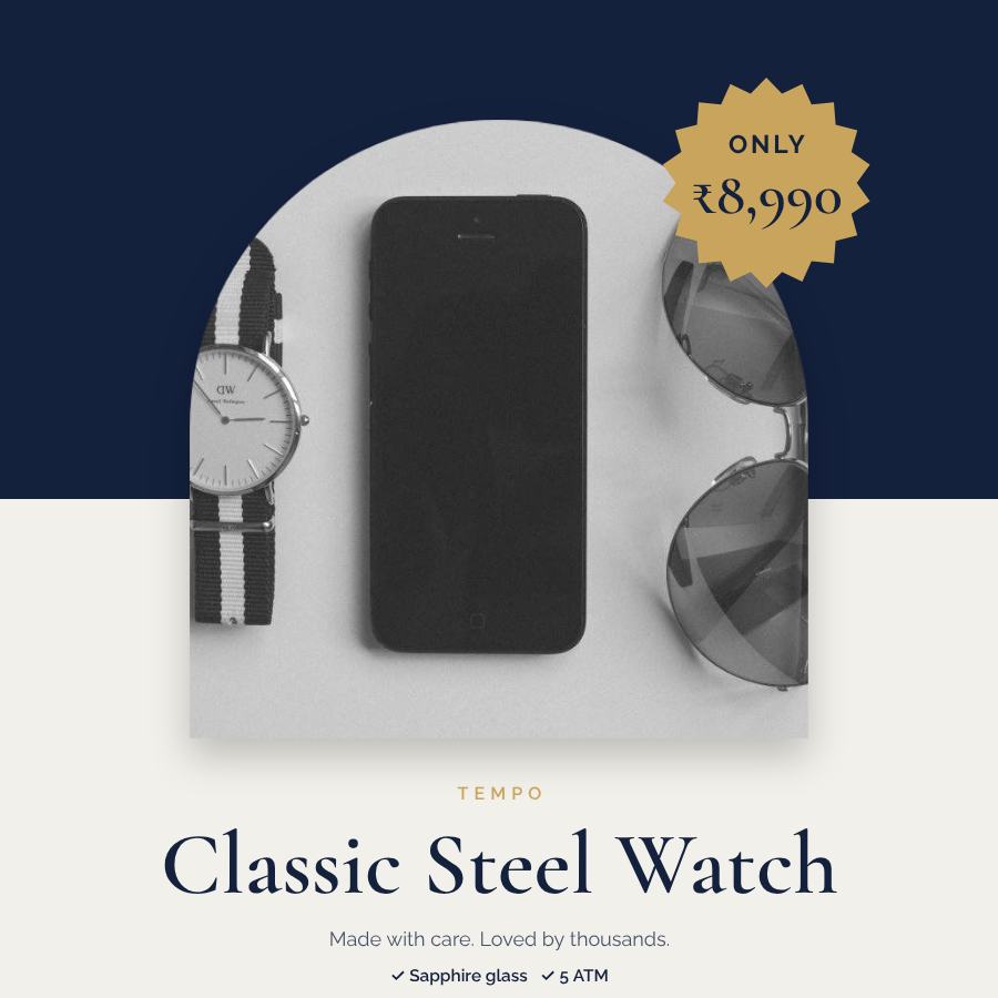 Navy Showcase Classic Steel Watch Product Ad — editable marketing template