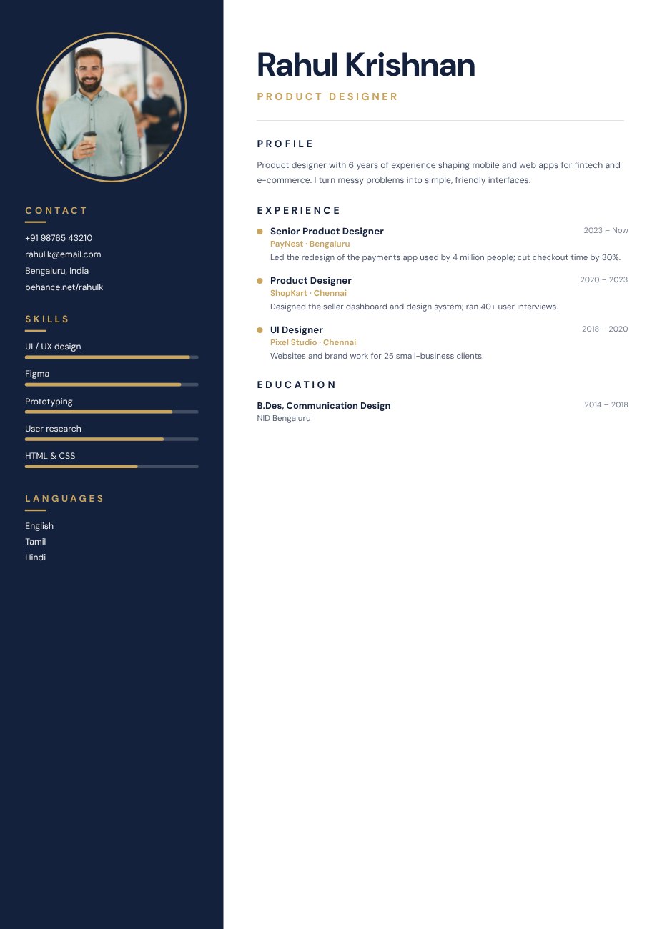 Navy Sidebar Designer Resume — editable resume template