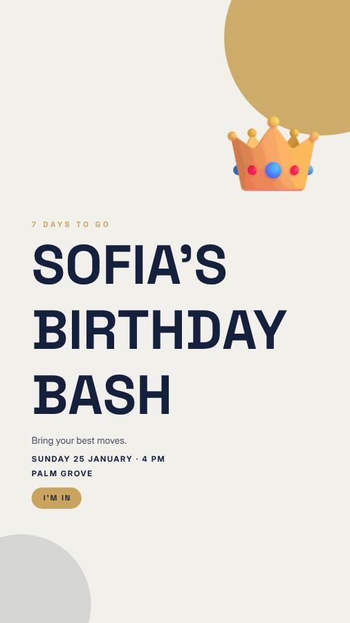Navy Sofia Birthday Bash Story — editable birthday template