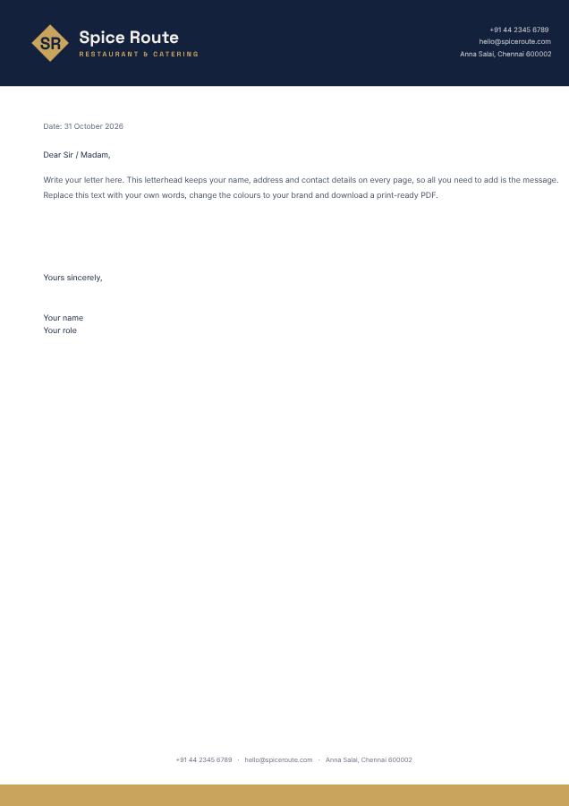 Navy Spice Route Bold Letterhead — editable business template