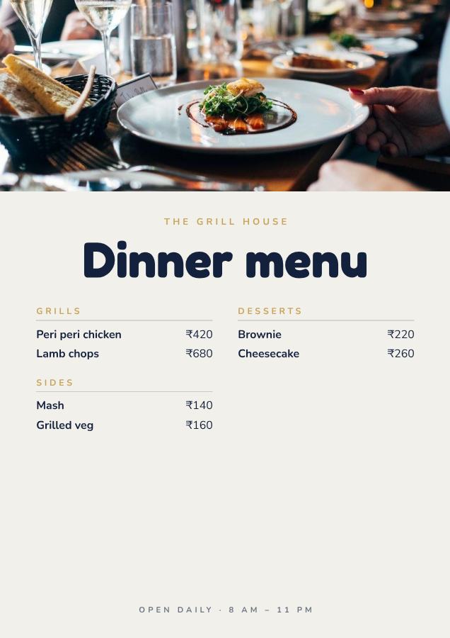 Navy The Grill House Dinner menu — editable menus template