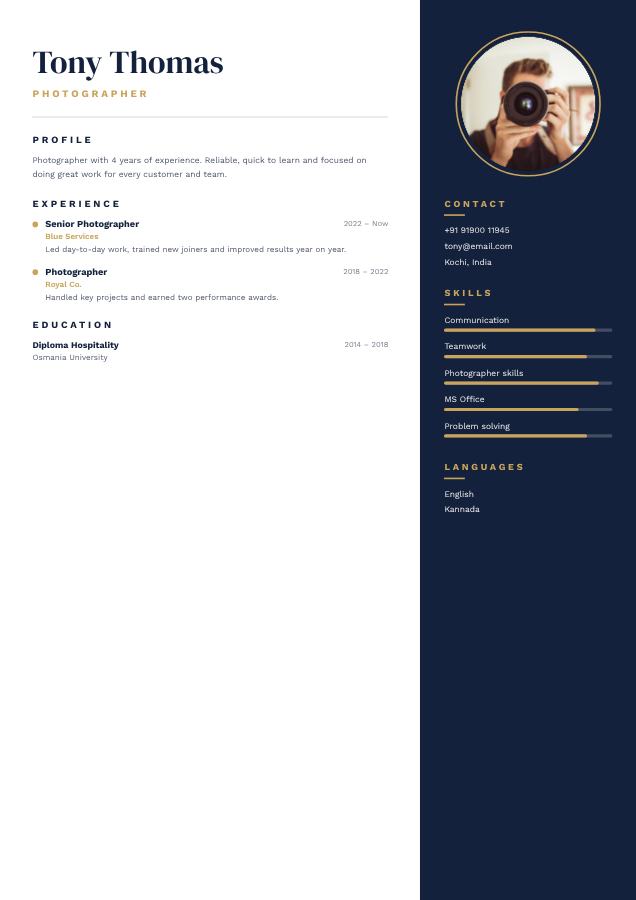 Navy Tony Thomas Photographer Resume — editable resume template