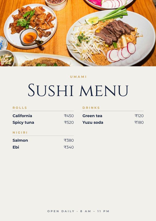 Navy Umami Sushi menu A4 — editable menus template