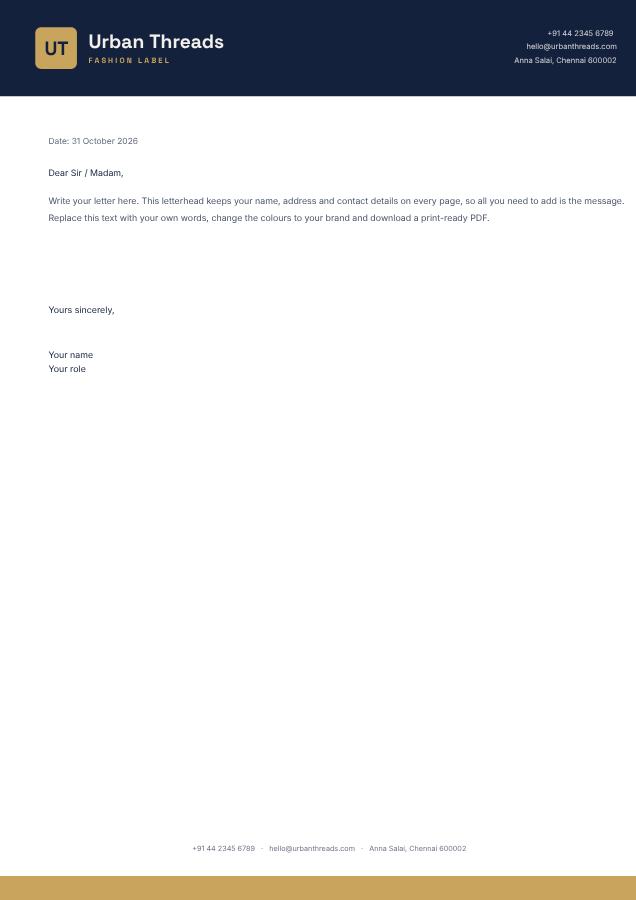 Navy Urban Threads Bold Letterhead — editable business template