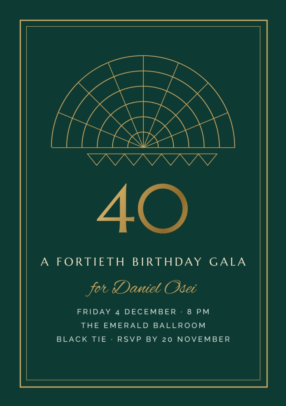 Neo Deco Emerald Fortieth Gala Invitation — editable birthday template