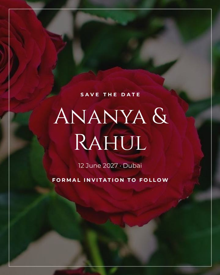 Noir Ananya and Rahul Save the Date — editable wedding template