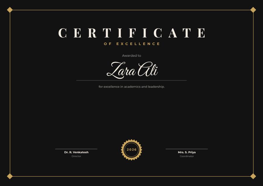 Noir Certificate Of Excellence Certificate Modern — editable certificates template