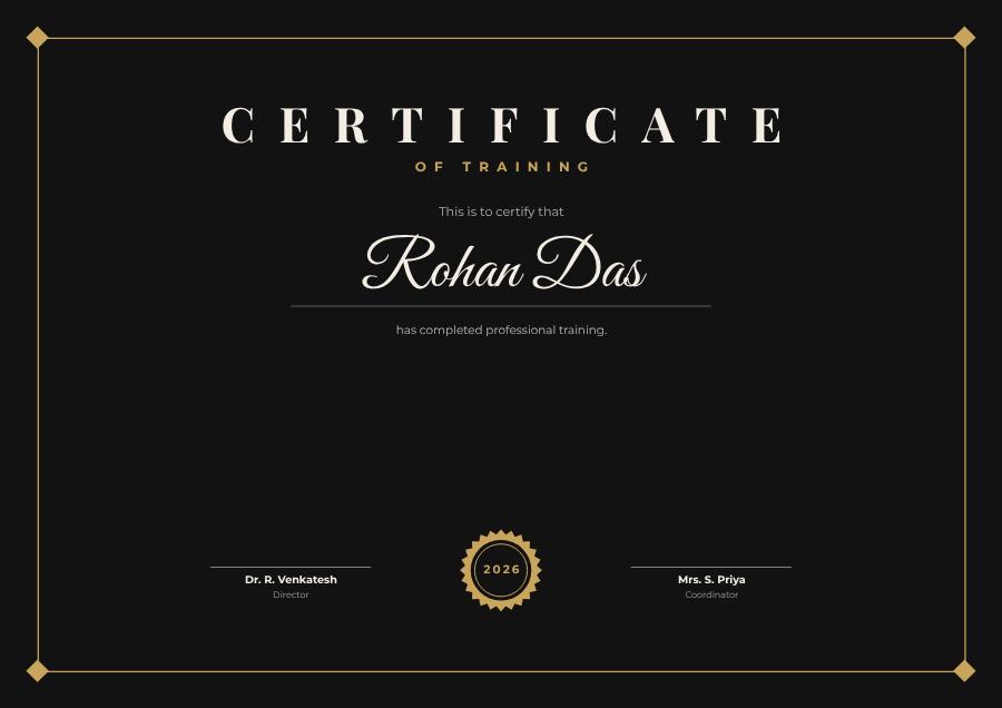 Noir Certificate Of Training Certificate Formal — editable certificates template