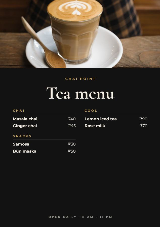 Noir Chai Point Tea menu A4 — editable menus template