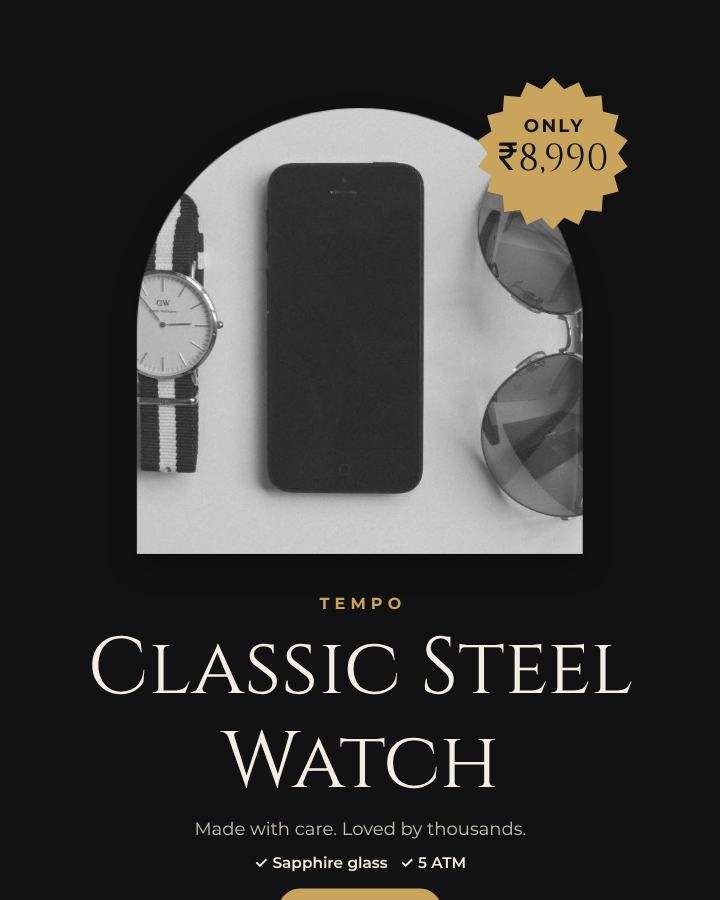 Noir Classic Steel Watch Product Ad — editable marketing template