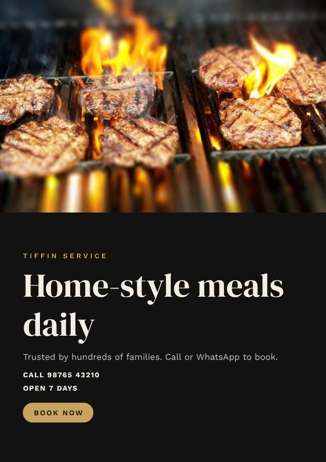 Noir Home-style meals daily Tiffin service Flyer Info — editable business template