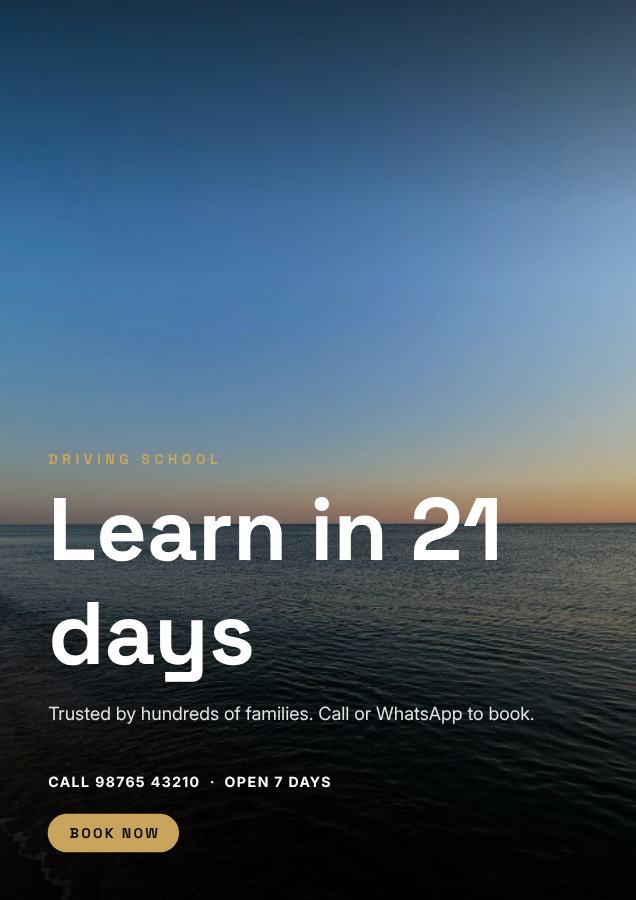 Noir Learn in 21 days Driving school Flyer Info — editable business template