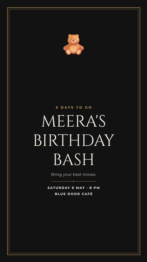Noir Meera Birthday Bash Story — editable birthday template