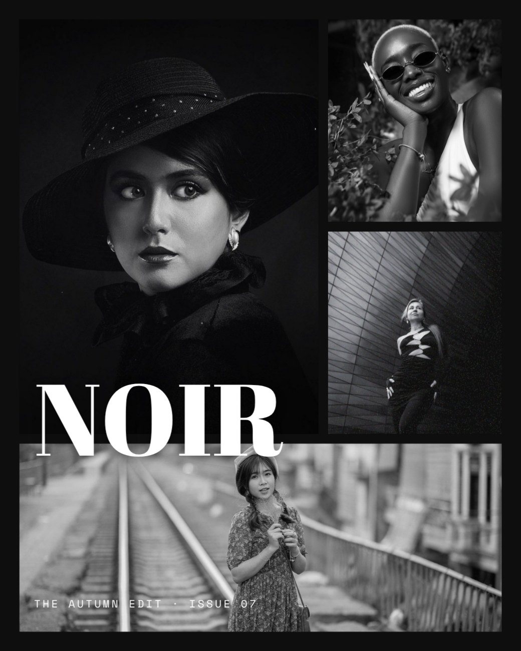Noir Monochrome Fashion Collage — editable social media template