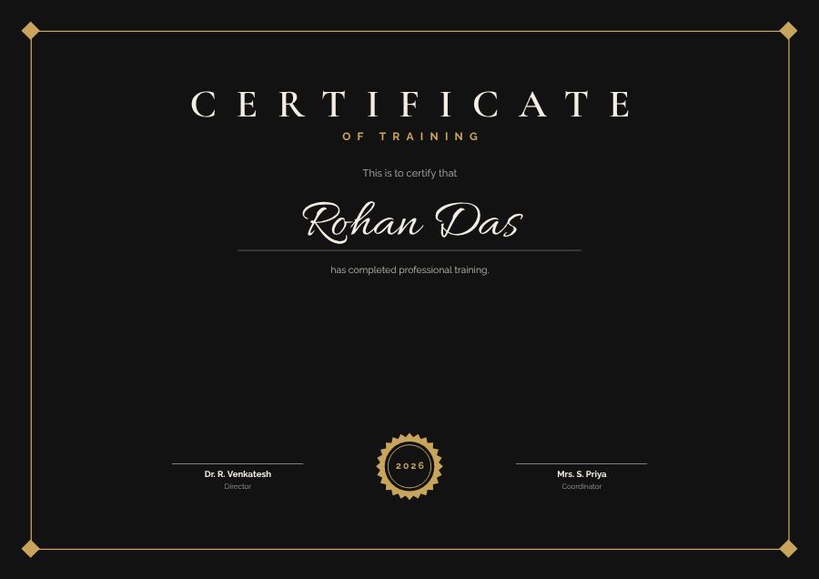 Noir Of Training Certificate Formal — editable certificates template