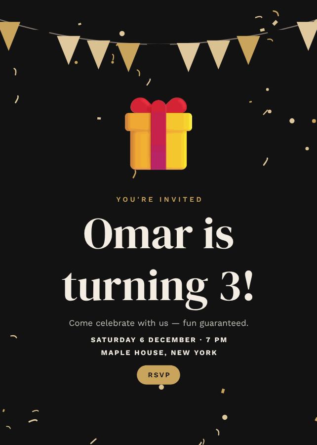 Noir Omar's Three Birthday Invitation — editable birthday template