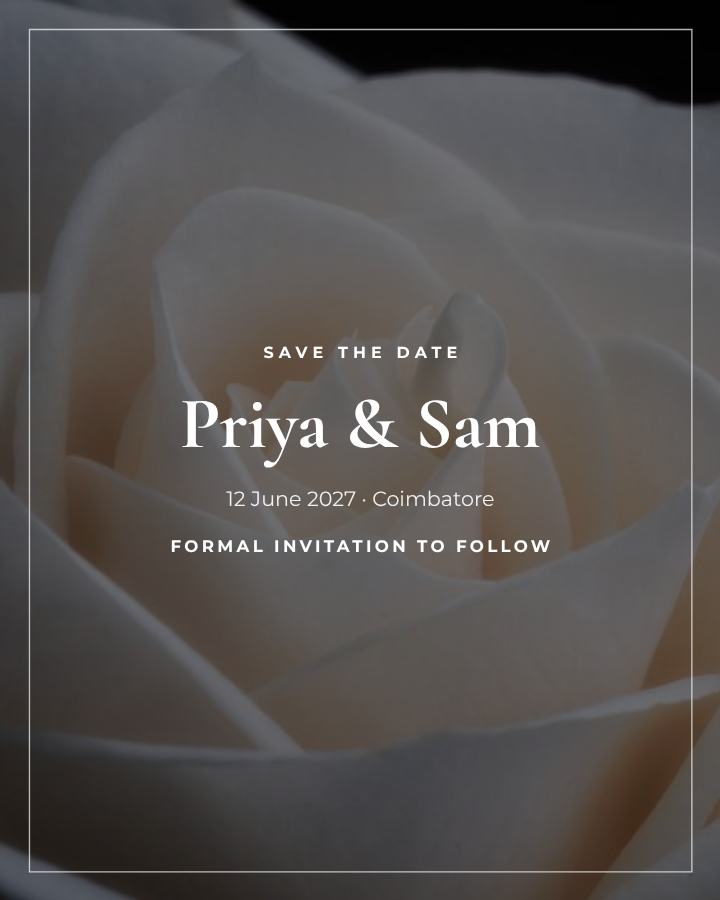 Noir Priya and Sam Save the Date — editable wedding template