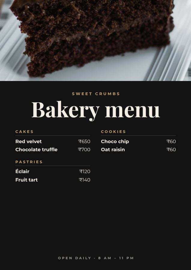 Noir Sweet Crumbs Bakery menu Card — editable menus template