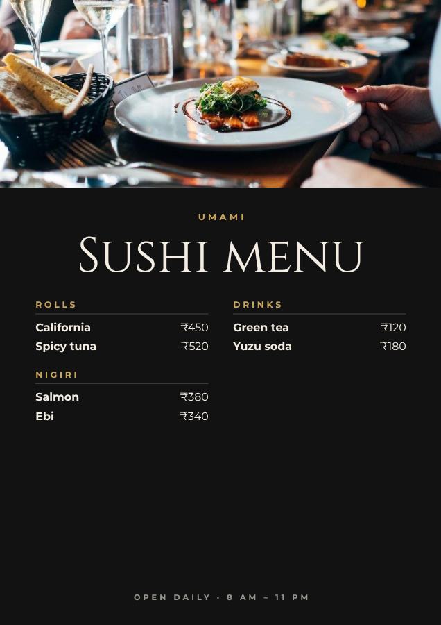 Noir Umami Sushi menu — editable menus template