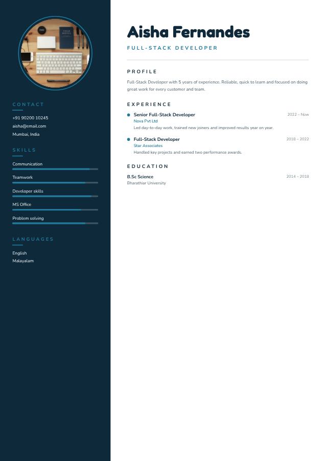 Ocean Aisha Fernandes Full-Stack Developer Resume — editable resume template