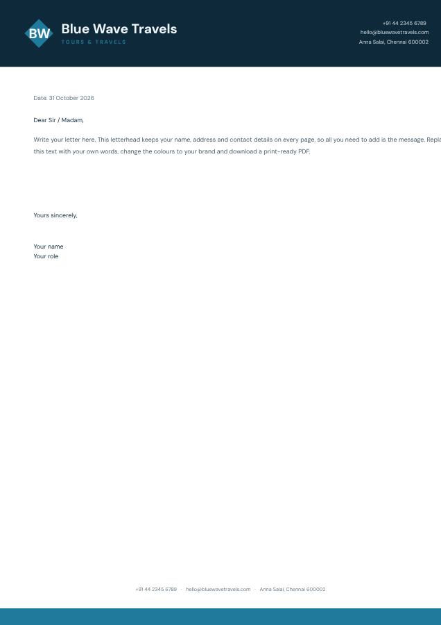 Ocean Blue Wave Travels Bold Letterhead — editable business template