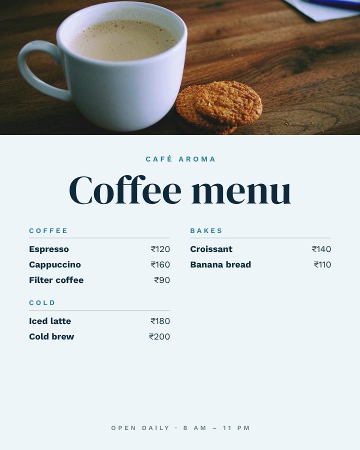 Ocean Café Aroma Coffee menu Card — editable menus template