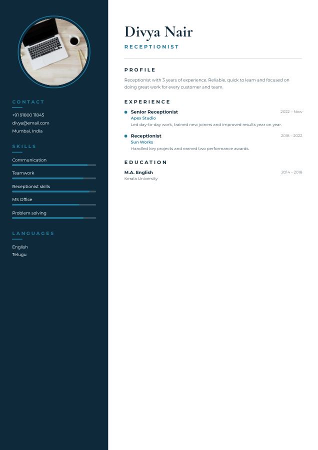 Ocean Divya Nair Receptionist Resume — editable resume template