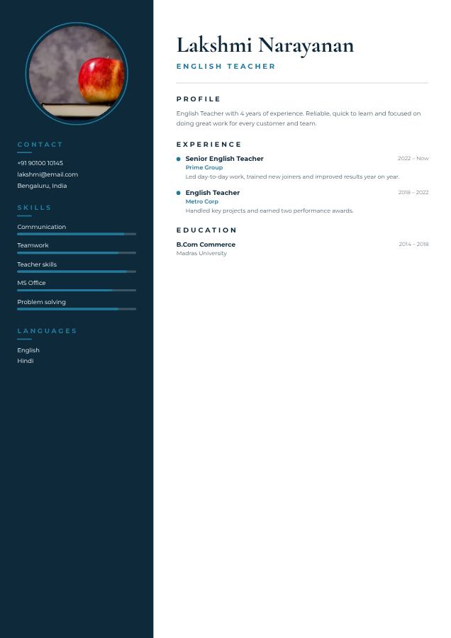 Ocean Lakshmi Narayanan English Teacher Resume — editable resume template