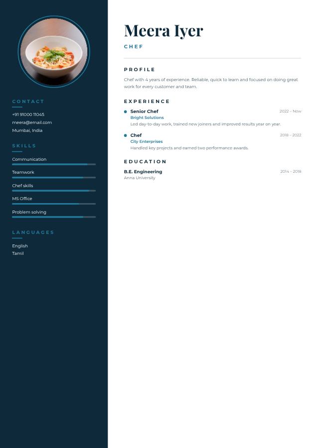 Ocean Meera Iyer Chef Resume — editable resume template