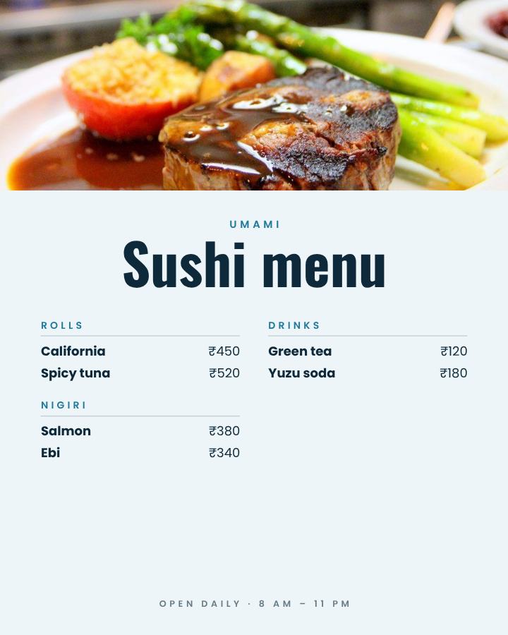 Ocean Umami Sushi menu A4 — editable menus template