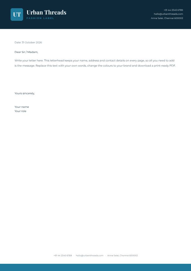 Ocean Urban Threads Bold Letterhead — editable business template