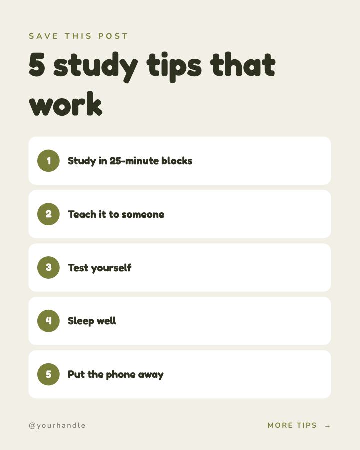 Olive 5 study tips that work Tips Post — editable social media template