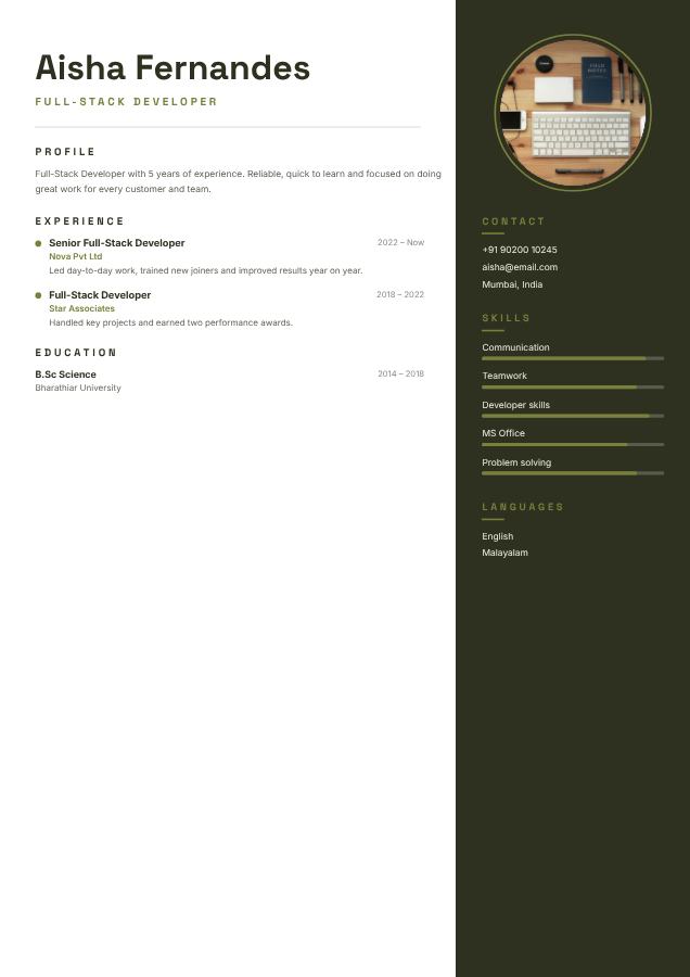 Olive Aisha Fernandes Full-Stack Developer Resume — editable resume template
