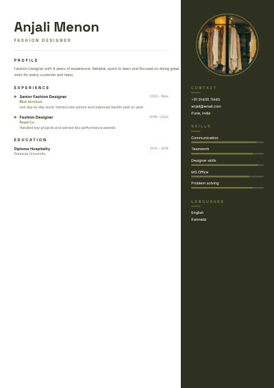 Olive Anjali Menon Fashion Designer Resume — free resume site template