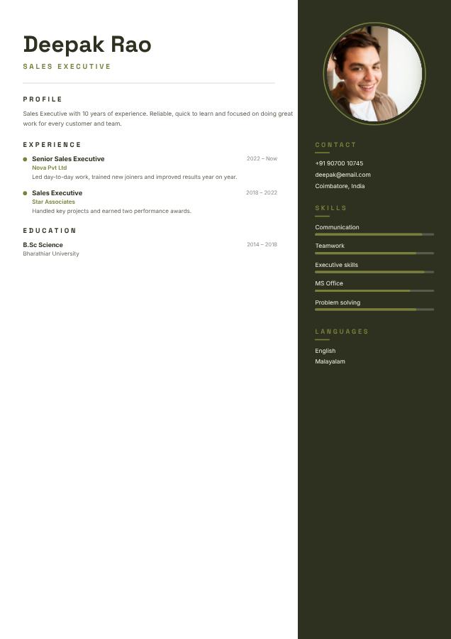 Olive Deepak Rao Sales Executive Resume — editable resume template
