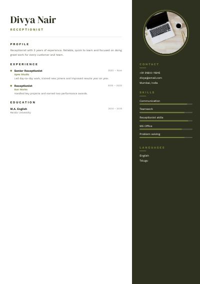 Olive Divya Nair Receptionist Resume — free resume site template